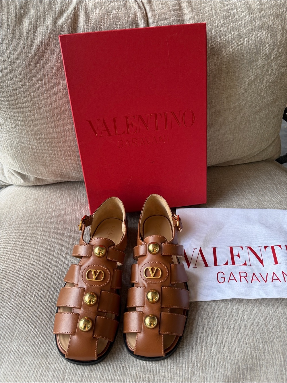Valentino Garavani Tan Leather Studded Gladiator Sandals